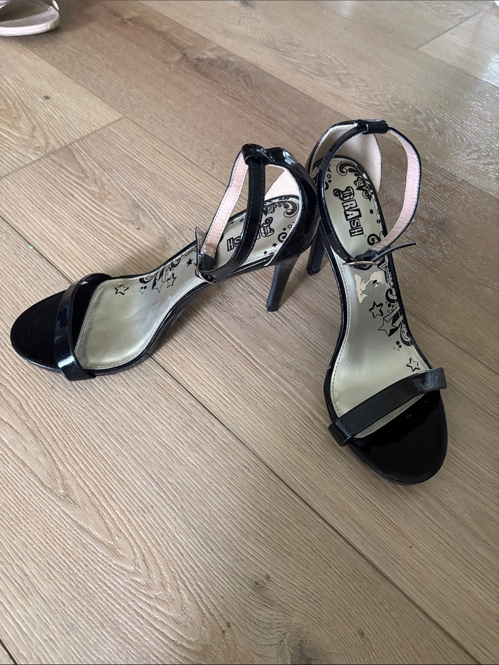 Brash Black Patent T-Strap Stiletto Sandals